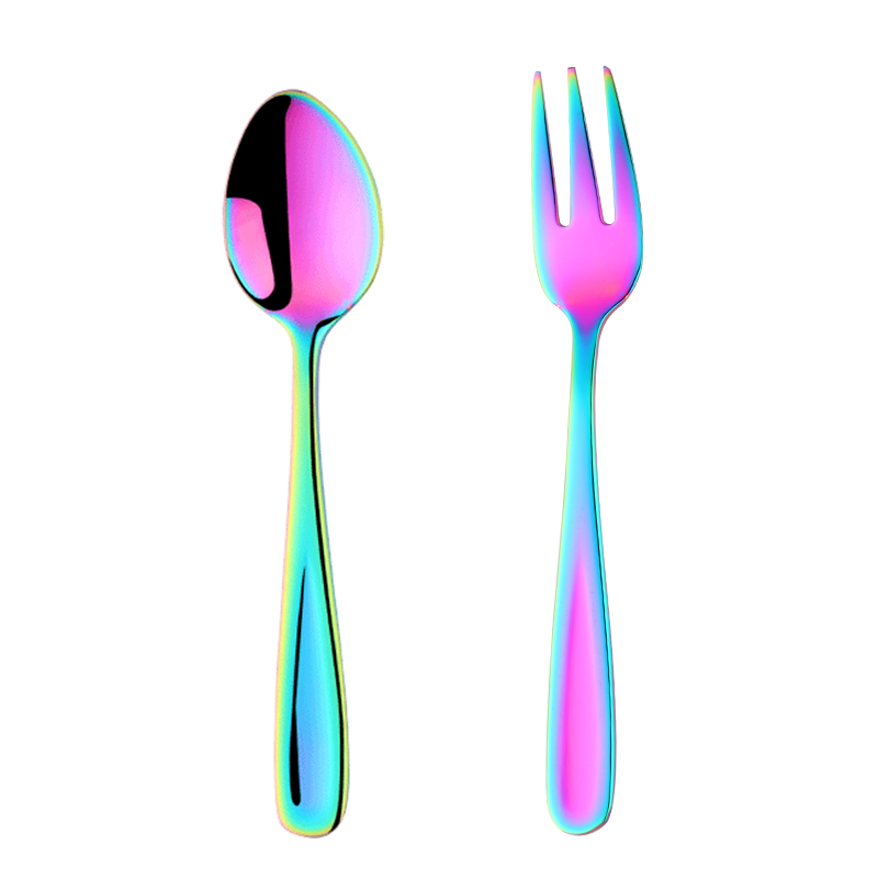 2 stk / sæt mini te ske gaffel rustfrit stål dessert ske guld lille ske dessert gaffel bestik sæt: Regnbue nr. .0