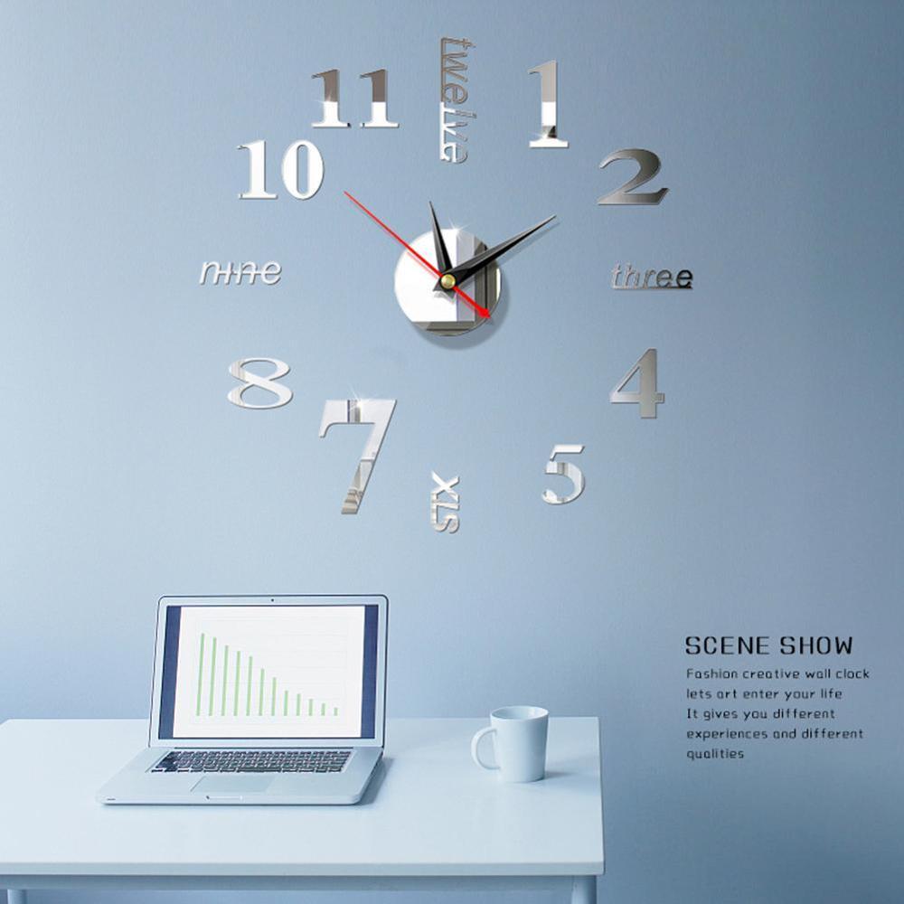 European style wall clock home diy3D stereo clock digital acrylic wall sticker wall mirror clock decoration B9N9