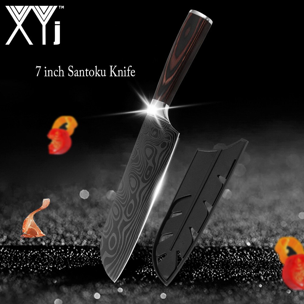 Japanse Keuken Mes Set Mes Covers Uitbenen Brood Eviscerate Gesneden Fruit Scherpe Nut Santoku Damascus Patroon Koken: 7 inch Santoku Knife