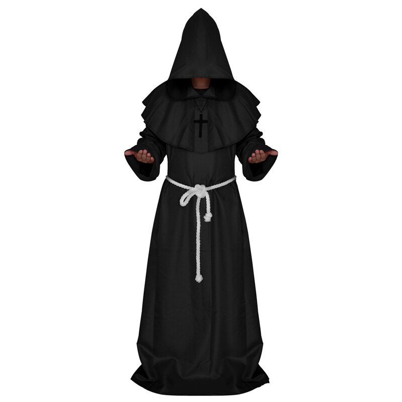 Halloween Costume Medieval Monk Priest Friar Cosplay Hooded Robes Cloak Cowl: White/Blue/Black/Coffee/Red Color: Black Color / L