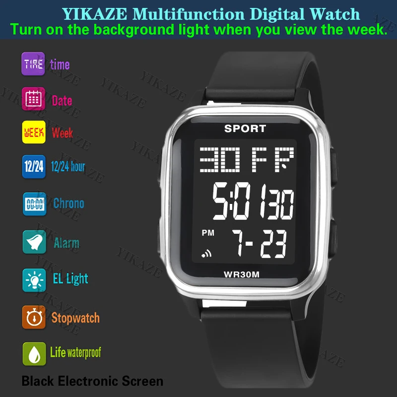 Reloj deportivo YIKAZE para hombre, reloj electrónico multifunción resistente al agua, reloj de pulsera Digital LED ultrafino para hombre y estudiante
