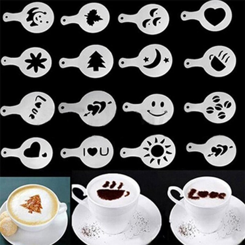 16Pcs Koffie Stencils Fancy Koffie Afdrukken Model Schuim Spuiten Taart Stencils Koffie Tekening Cappuccino Mold Poedervorm Zeef Gereedschap