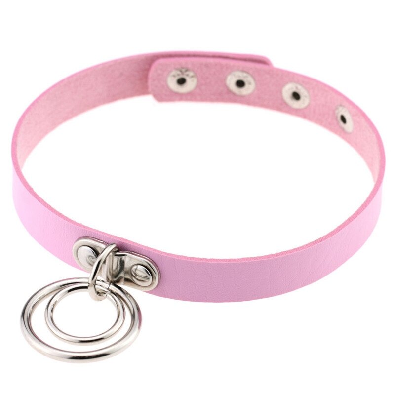 Popular Choker Collar Necklace Double Ring O Leather Gothic Bracelet Women: Pink