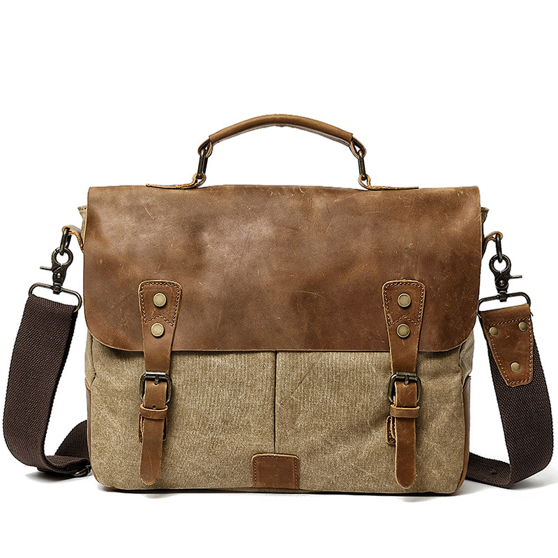 Muchuan heren messenger bags, canvas schoudertas, handtas, crazy horse leren aktetas, retro kantoortas, handgemaakte tassen voor mannen: Khaki
