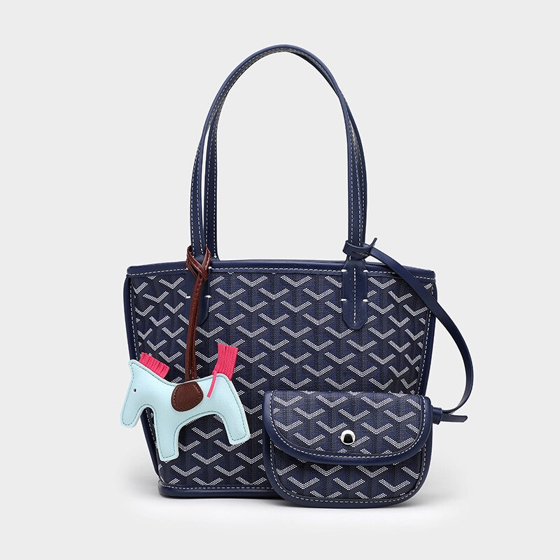 Style Korea Trendy Dog Tooth Tote Bag Size Picture-Mother Bag Waterproof PU Large-Capacity Shopping Bag: Small blue