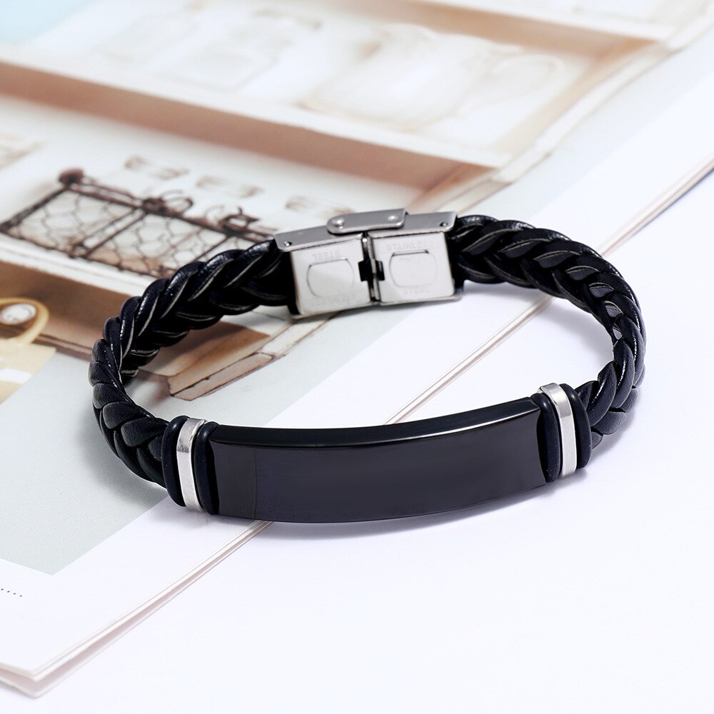 Pulseira de couro trançada de aço inoxidável, pulseira para homens, placa polida, pulseira masculina, joias da amizade