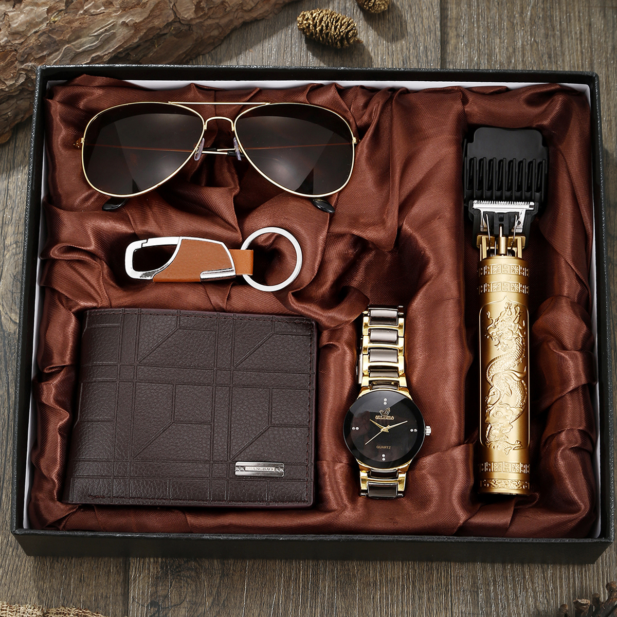 5 stuks heren nieuw klassiek stalen band veelzijdig horloge - quartz horloge, sleutelhanger, kapper, zonnebril, portemonnee perfect zakelijk en casual