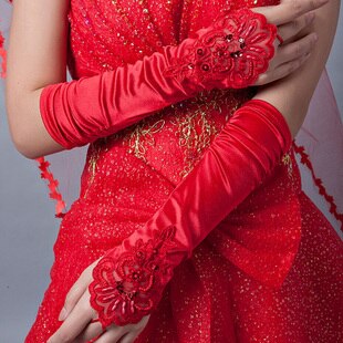 Gants de mariée en dentelle, longs, , accessoire de mariage avec perles, rouge, beige, G006