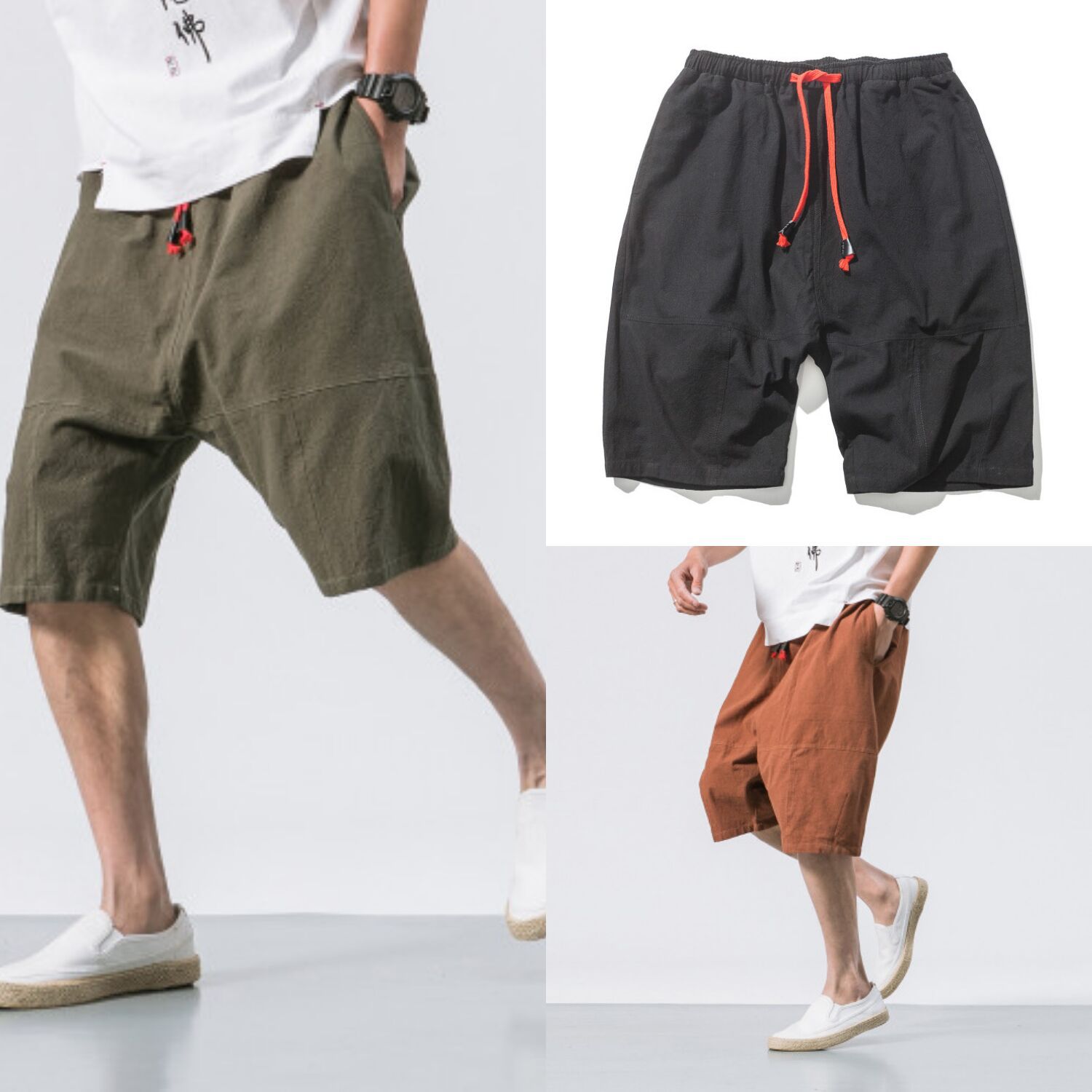 Pantacourt en coton et lin de couleur Pure pour homme, short respirant et décontracté, , k922
