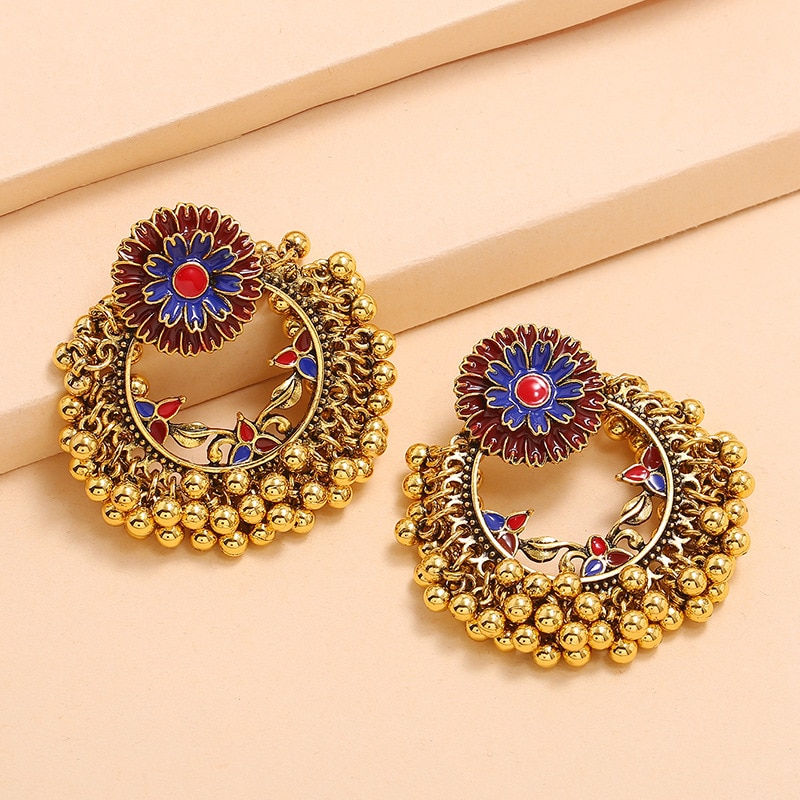 Ins Antique Gold Handmade Beads Enamel Blue Flower Indian Jhumki Jhumka Nepal Earrings Bohemia Party Jewelry