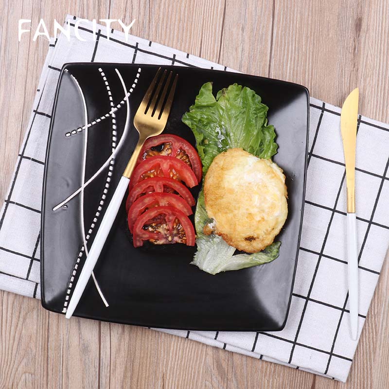 Fancity Japanse-Stijl Handbeschilderde Keramische Vierkante Plaat, Huishoudelijke Vlakke Plaat, Ontbijt Plaat, vierkante Westerse Voedsel Plaat, Stea