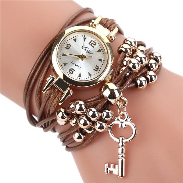 Damearmbåndsur damearmbåndsure lædercirkelbånd guldskive kvarts armbåndsure reloj mujer: Brun