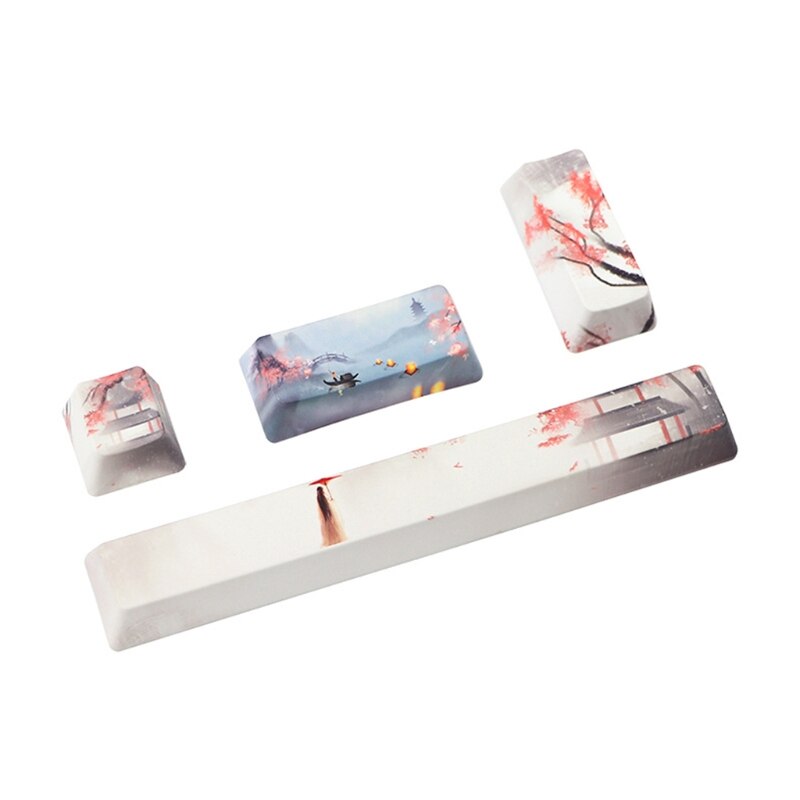 4key Custom Lotus Theme Mechanical Keyboard Keycaps ESC Enter Enter 6.25u Spacebar PBT OEM Profile Novelty DIY Keyboard: White