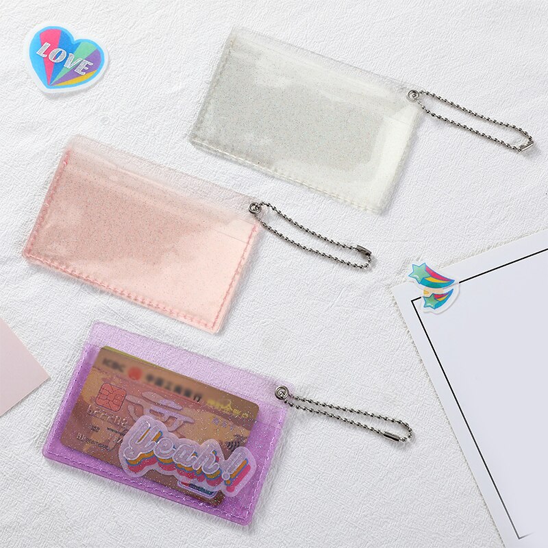 Ins 2 Bits Transparante Waterdichte Pvc Glanzende Vrouwen Meisjes Card Case Visitekaarthouder Mannen Id Creditcard Zak met Sleutelhanger