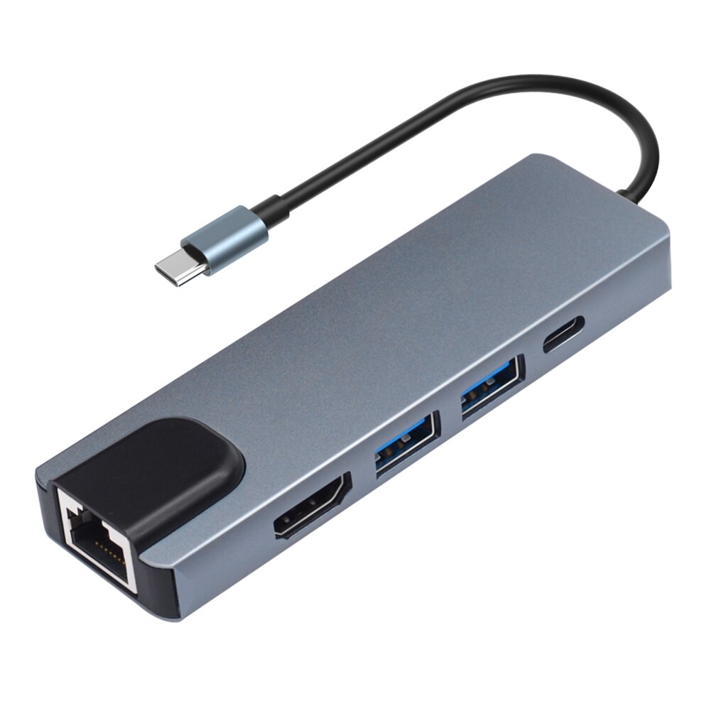4K HDMI-compatible 2 USB3.0 PD RJ45 Adapter Notebook Smartphone Expansion Converter 5 in 1 USB 3.1 Type-C HUB Converter Splitter