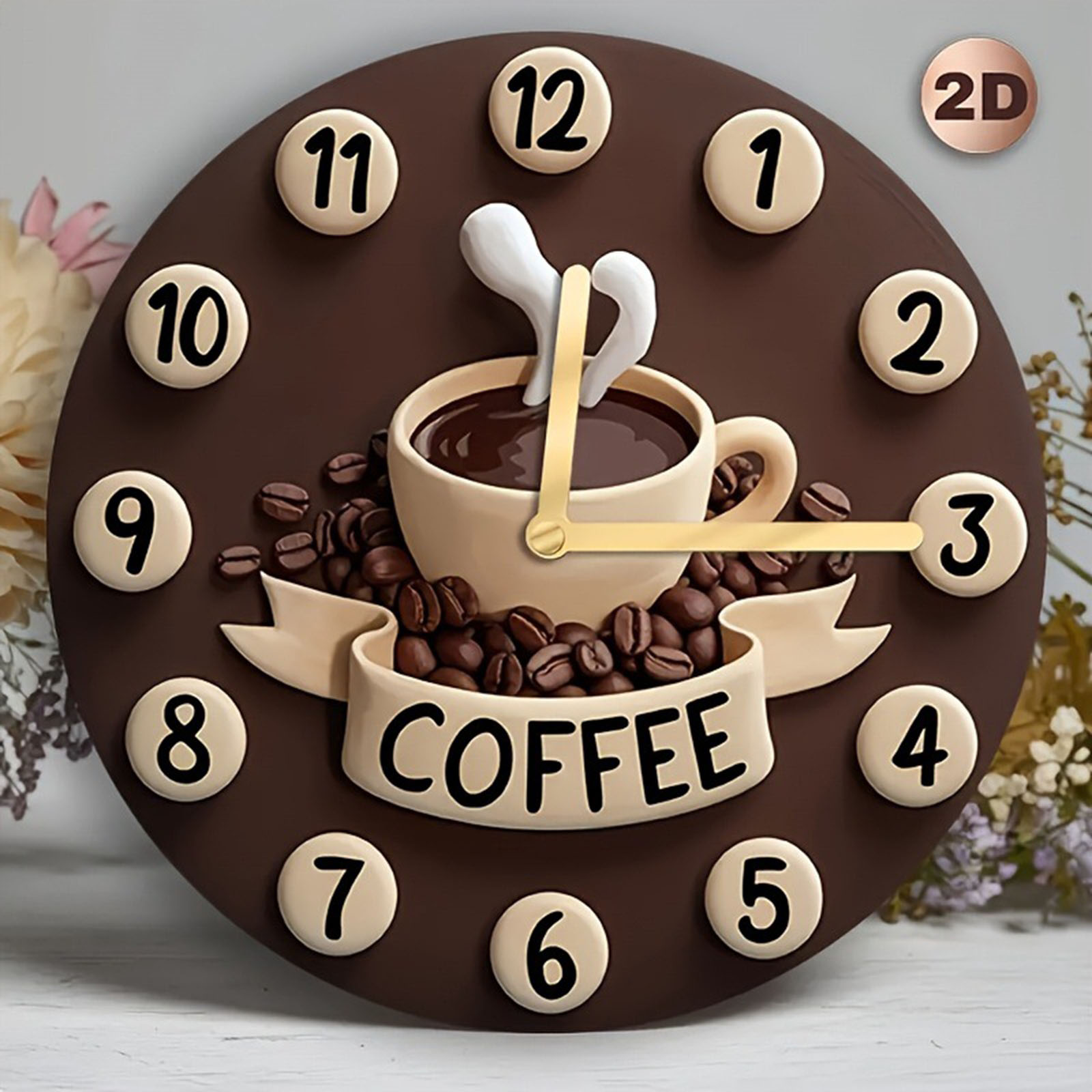 2D Coffee Cup Clock Simple Silent Hanging Ornament Wooden Wall Clock for Farmhouse Home Kitchen Home Cafe Decoration