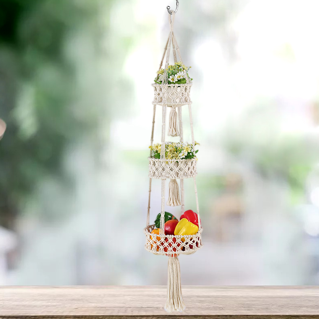 Cesto di frutta appeso Macrame a 3 livelli per cucina appeso amaca di frutta per cesto portaoggetti da parete per organizzazione di verdure, Boho Decor