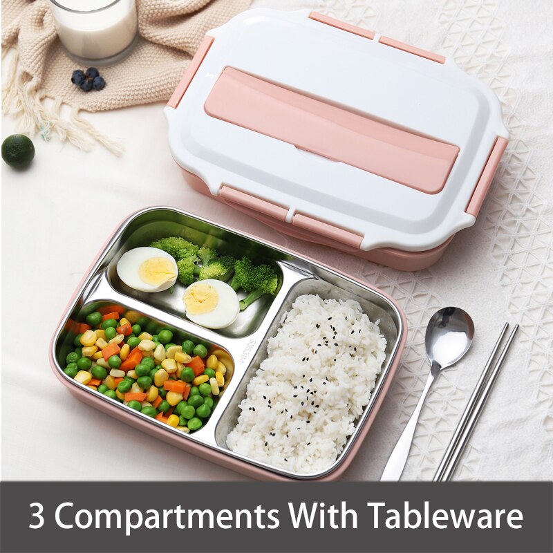 Stainless Steel Thermal Lunch Box Containers with Compartments Leakproof Bento Box Food Container Picnic Office School Lunchbox: pink w tableware-3