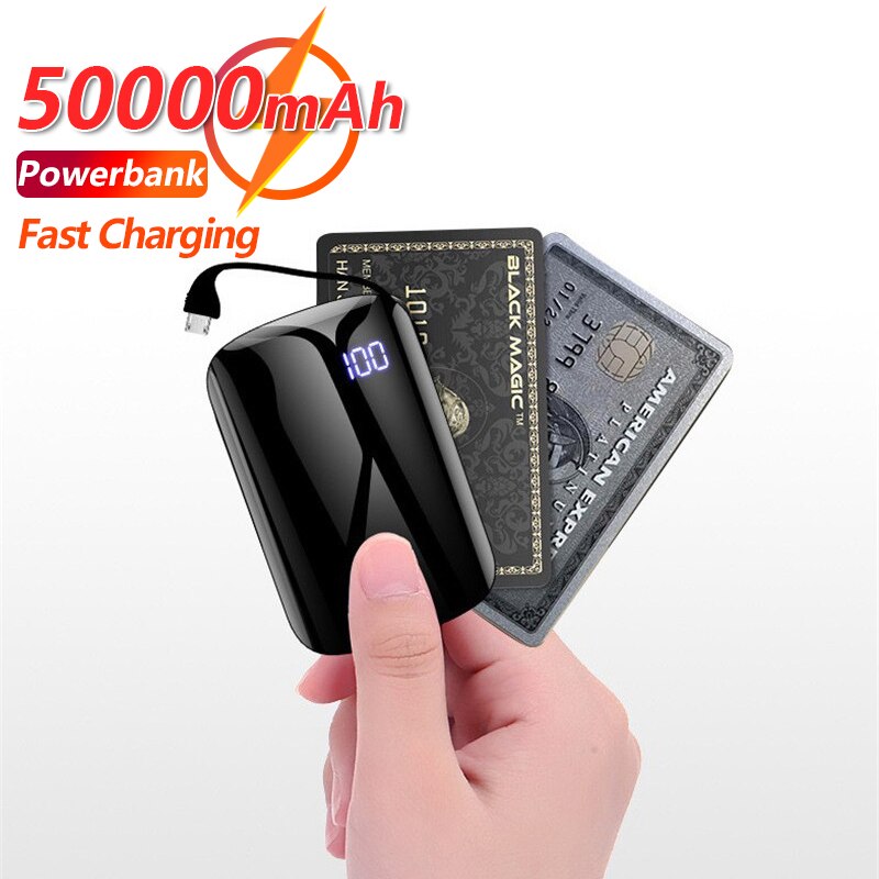 50000Mah Mini Mobile Power Bank Ingebouwde Opladen Kabel One-Way Charger Kleine Size Grote Capaciteit Draagbare externe Batterij