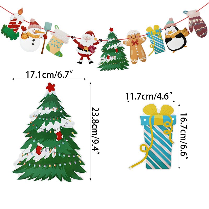 1set Christmas Banner Paper Hanging Flags Cartoon Santa Claus Snowman Deer Xmas Tree Bunting Garland Merry Christmas Decorations: B03