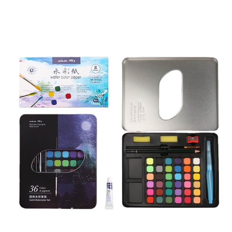 36,48-color Solid Watercolor Paint Tin Box Set for Beginners Art Supplies Gouache Paint