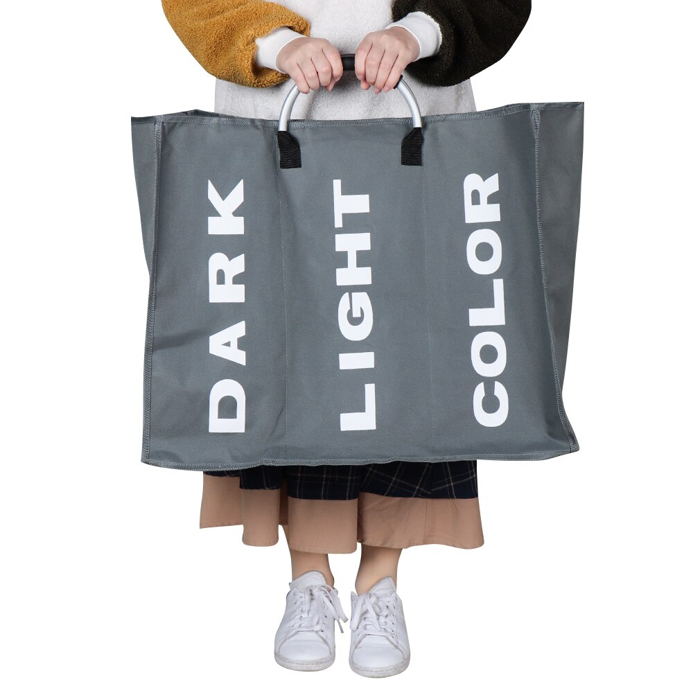 Opvouwbare wasmand, grote wasmand, 3 -delige sorteermand, oxford-doek tas voor vuile was met aluminium handvat: Donkergrijs