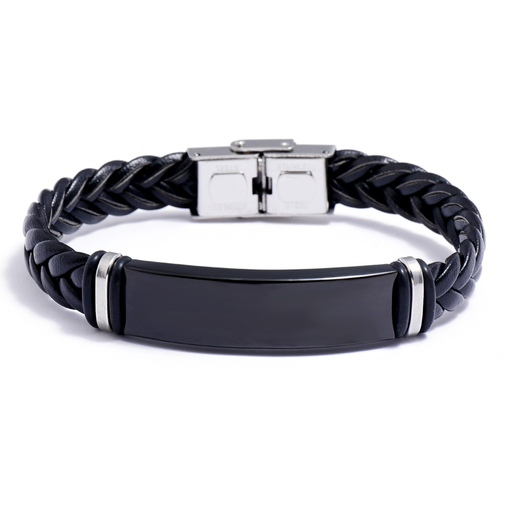Pulseira de couro trançada de aço inoxidável, pulseira para homens, placa polida, pulseira masculina, joias da amizade: Estampagem a quente