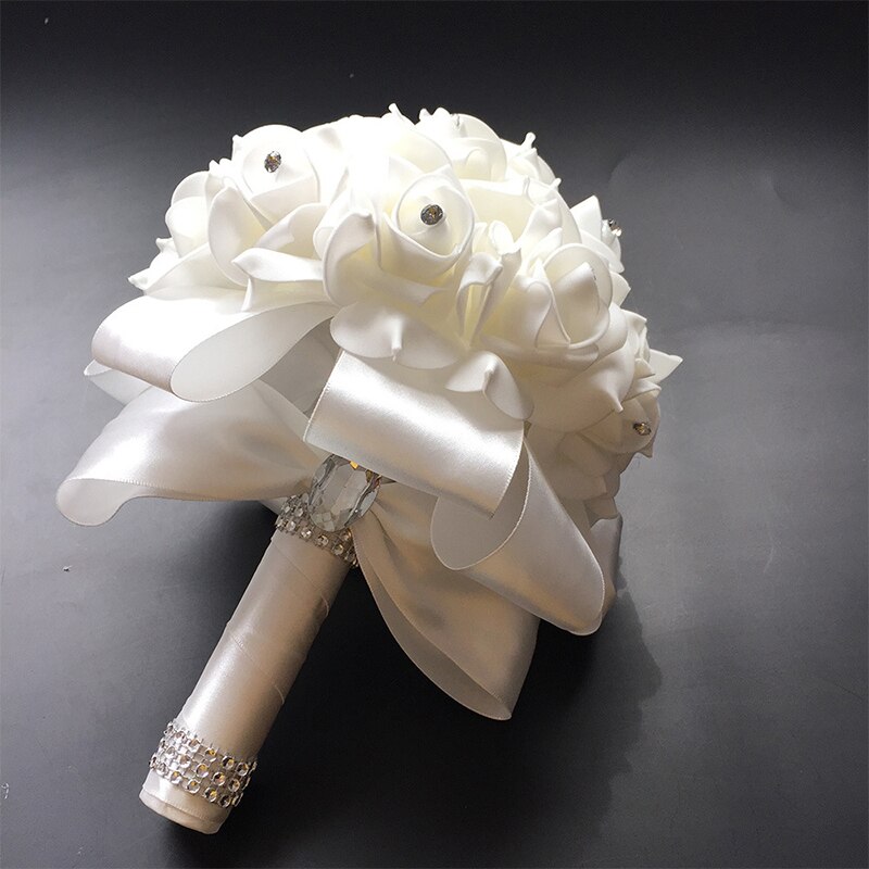 Beautiful White Ivory Bridal Bridesmaid Flower Wedding Bouquet Artificial Flower Rose Bouquet Crystal Bridal Bouquets