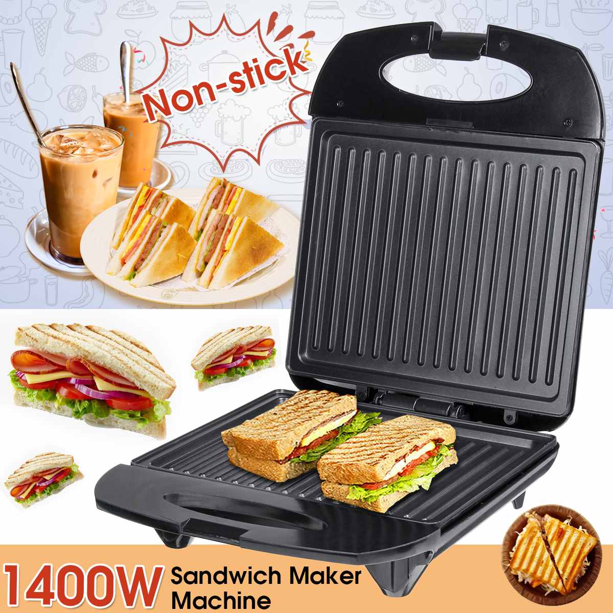 1400w Electric Sandwich Maker Iron Sandwich Maker Machine Bubble Egg Cake Oven Breakfast Sandwich Machine 220V