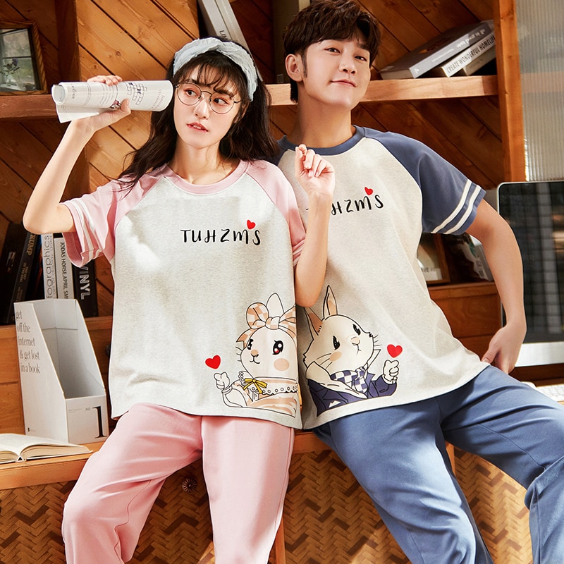 SONG Summer Autumn Couple Pajama Sets Combed Cotton Short Sleeve Casual Cartoon Home Suit Pyjamas 2 Pieces CP Match