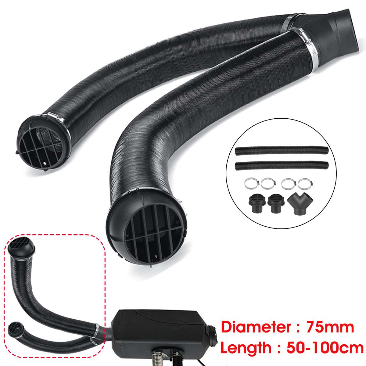 75mm Car Heater Ducting Pipe Air Vent Outlet Connector 50-100cm Diesel Parking Heater Hose Line W/Hose Clips