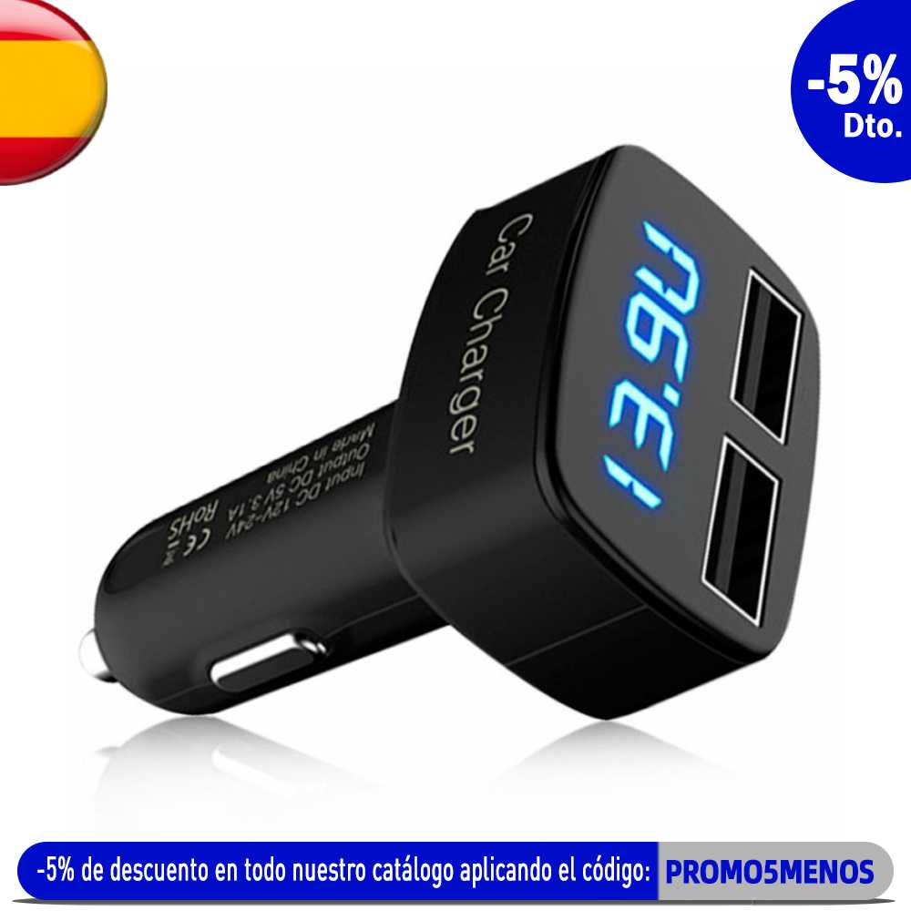 Caricabatteria USB Doppio da Auto 2A per Smartphone Caricatore Voltmetro Amperometro Nero