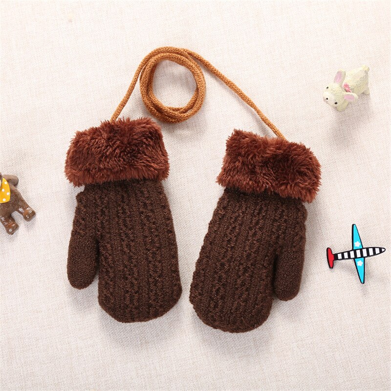 Baby Winter Knitted Warm Gloves With Rope Children Kids Infants Patchwork Outdoor Mittens Wool Plush Thick Gloves: Coffe