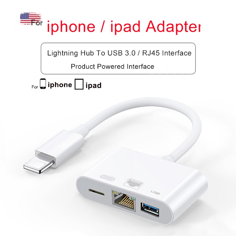 Lightning a HDMI-Cable Ethernet RJ45, adaptador hub USB iphone 3 en 1 para RJ45, conectar teclado, cámara y proyector: iP 1 To 3 RJ45
