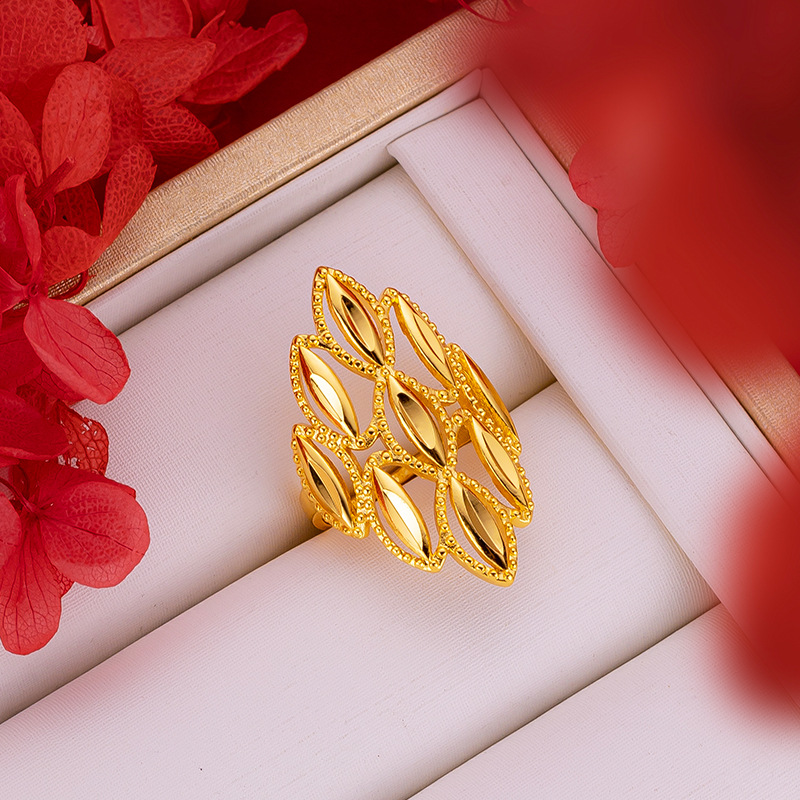 Anillo grande de flor exagerada hueca para mujer, anillos de oro amarillo Real de 18k para mujer, anillo de de boda, , joyería de flores para mujer: Tan