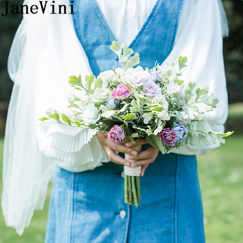 JaneVini Seide Brautjungfer Bouquets Künstliche Pfingstrose Rose Trouw Boeket Kleine Größe Braut Hochzeit Bouquet Griff Braut Blumen