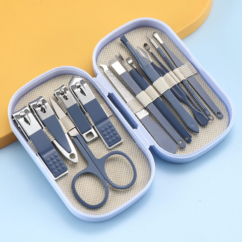 Juego de manicura y pedicura de lujo, tijeras de uñas de acero inoxidable rosa y azul, cortauñas, cuchara para excavación de orejas para hombres y mujeres, 14 piezas: Azul