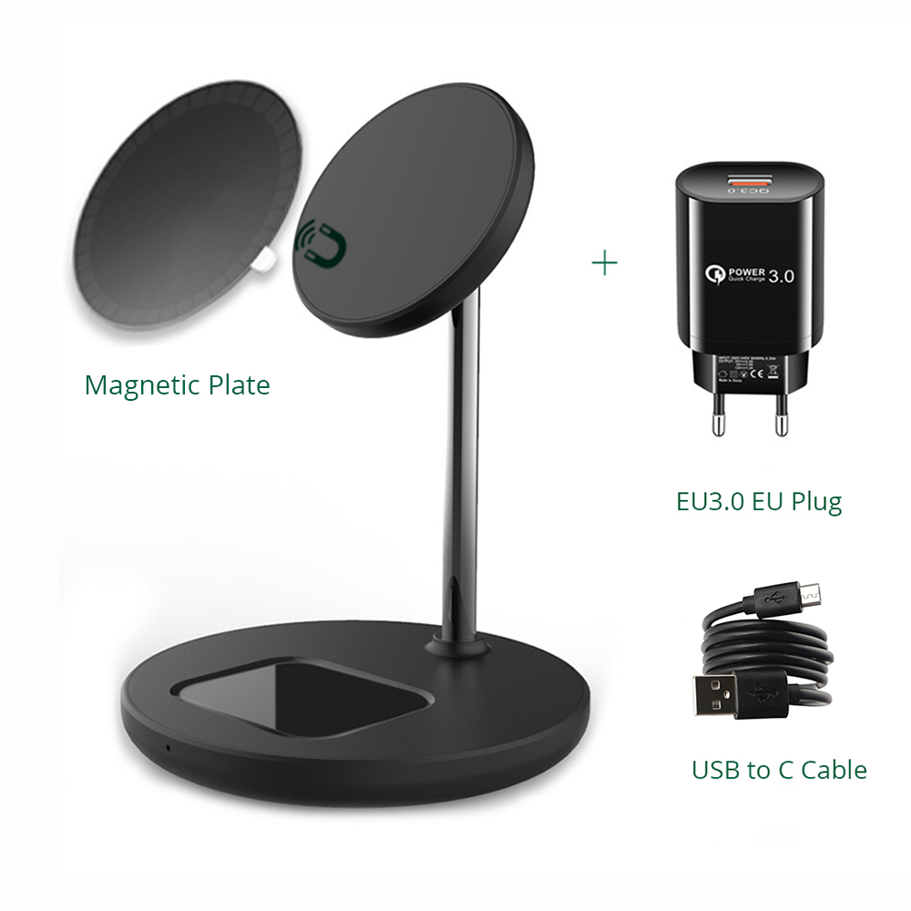 Magnetic Wireless Charger 2 in 1 Stand For iPhone 13/12 Pro/11/X Desktop Phone Holder 15W Qi Wireless Charging For Airpods 2 3: Black EU Magnet