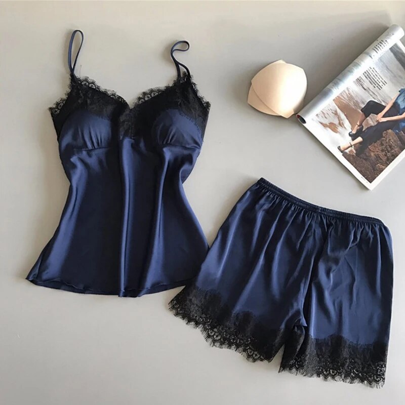 Traje de pijama para mujer, picardías de satén elástico con cuello en V, lencería Sexy de encaje, pijamas con lazo, pantalones cortos para dormir, conjunto de ropa de dormir nueva: XXL / Azul