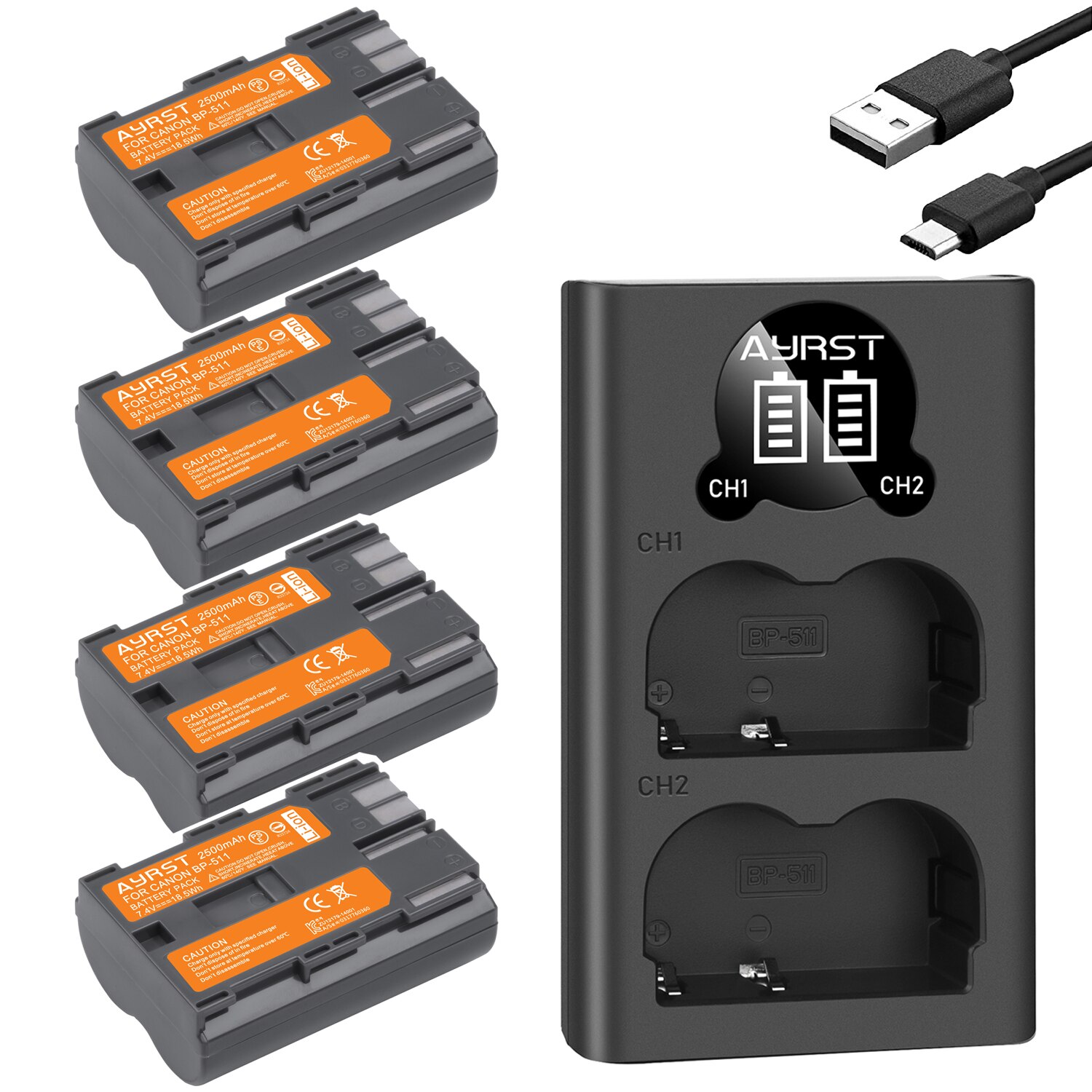 2pcs 2500mAh BP-511 BP-511A BP 511A battey + USB Charger for Canon G6 G5 G3 G2 G1 EOS 300D 50D 40D 30D 20D 5D G6 L10 camera: 4batteryand1charger