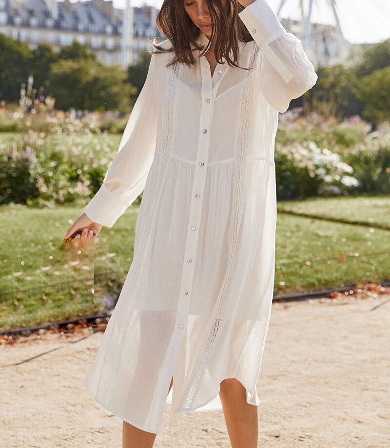 Katoenen cover-ups lange kaftan strandshirt tuniek badpak cover-ups witte jurk strandjas sarong badpak cover-up vestido