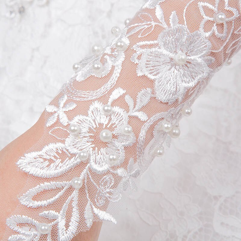 1 par hvide lange blonder brude brudehandsker fingerløs brudekjole billigt tilbehør rhinestone simuleret perle dekoreret