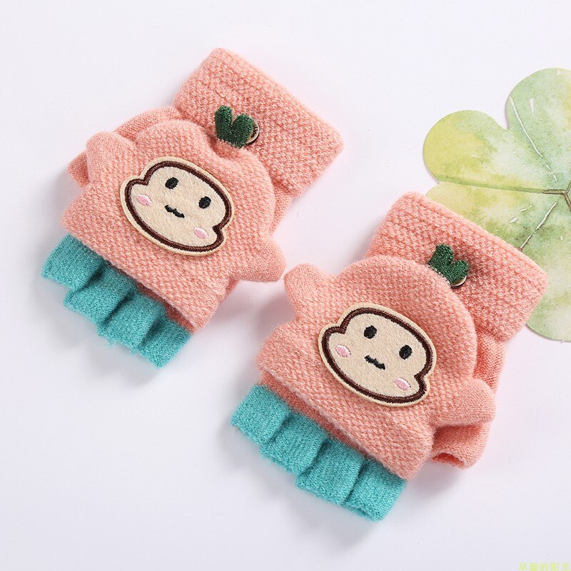 Wecute-gants chauds pour enfants | Gants d'hiver chauds, haricots mignons singe, demi-doigt, gants de dessin animé pour garçons et filles: Rose