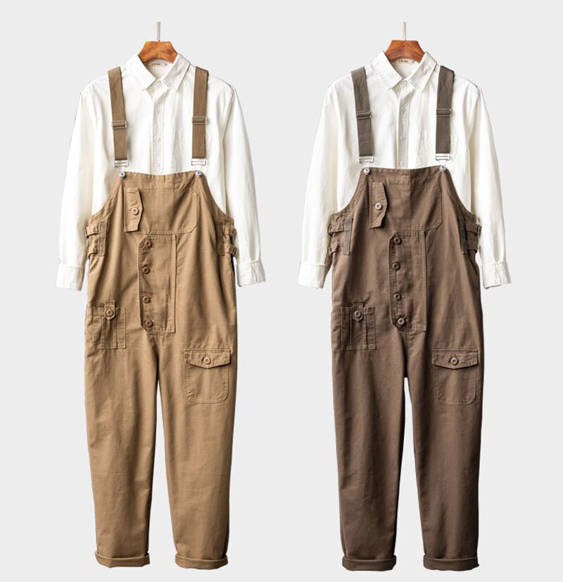 Løs lige stor lomme khaki brun fragt overalls mænd jumpsuit bib hip hop streetwear romper casual casual bukser bukser