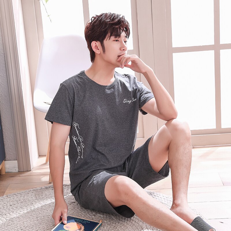 Leisure Summer Men Cotton Pajamas Short Sleeve Male Pajama Set Men Sleepwear Suit Casual Bottom Homewear Clothing Nightwear
