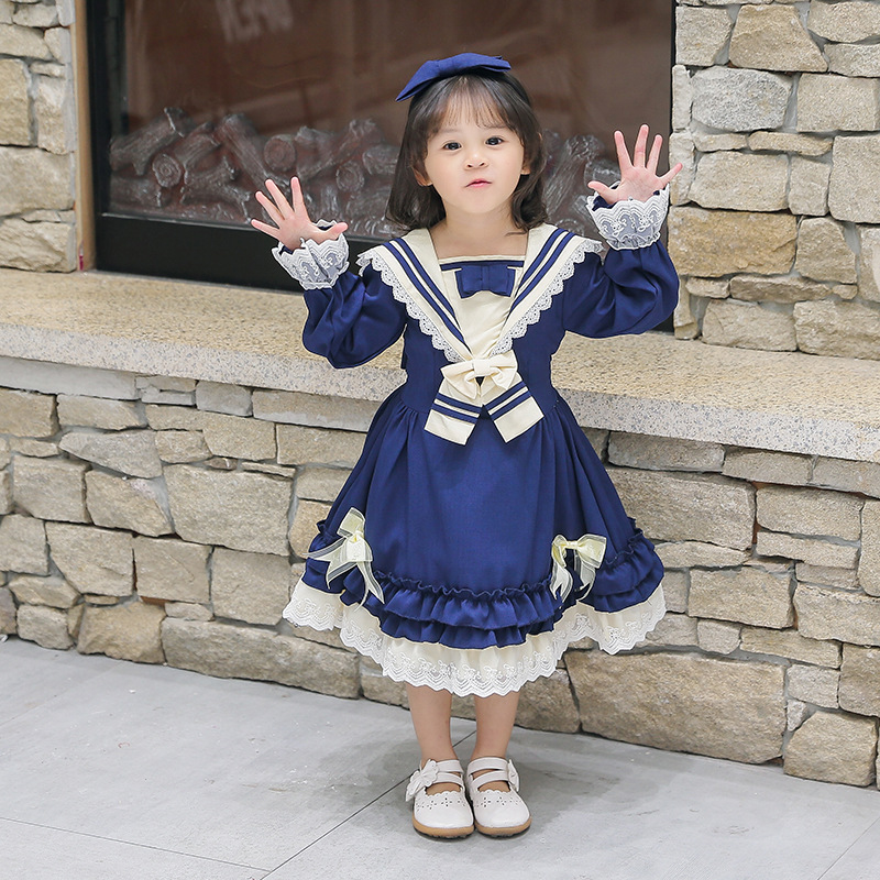 Barn lolita klänning japansk kawaii lolita kostymer blå/röd långärmad spetsklänning barns prinsessa tefest kläder  vo816