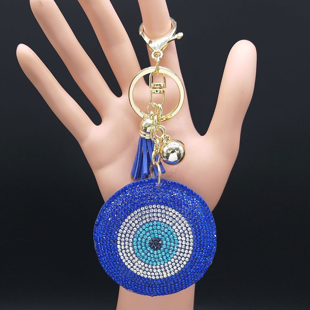 Llaveros de cristal con ojos de pavo, anillo para mujer, llavero de Color azul dorado, accesorios para bolso, joyería, llaveros para mujer