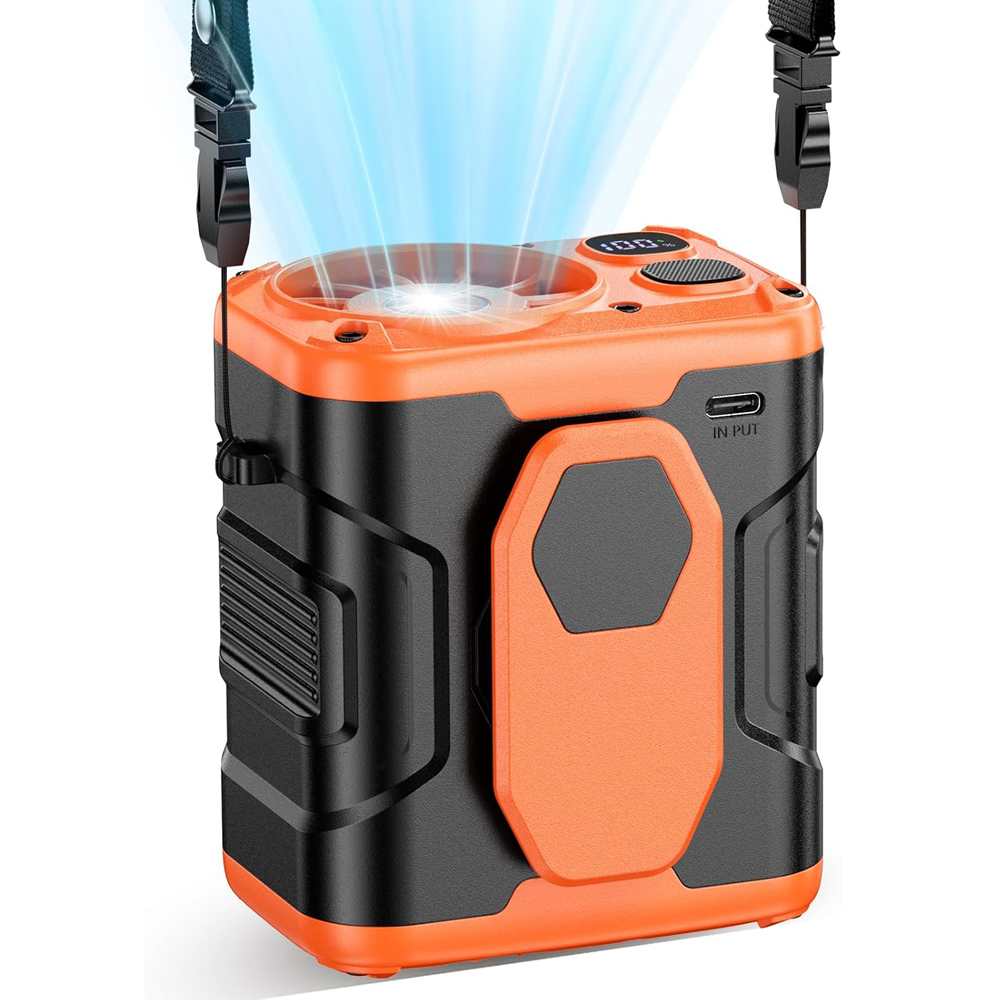 Ventilador de cintura portátil de 10000mAh con banco de energía, iluminación LED, ventilador de cuello colgante, ventilador de refrigeración de flujo de aire fuerte de 5 velocidades para trabajo al aire libre: Azul