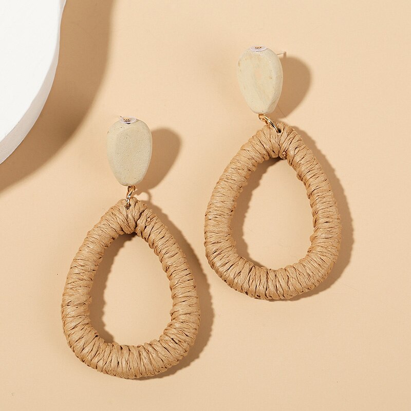 Ladies Boho Handmade Water Shape Vine Rattan Straw Woven Dangle Earrings For Women Bohemian Wooden Earring Jewelry