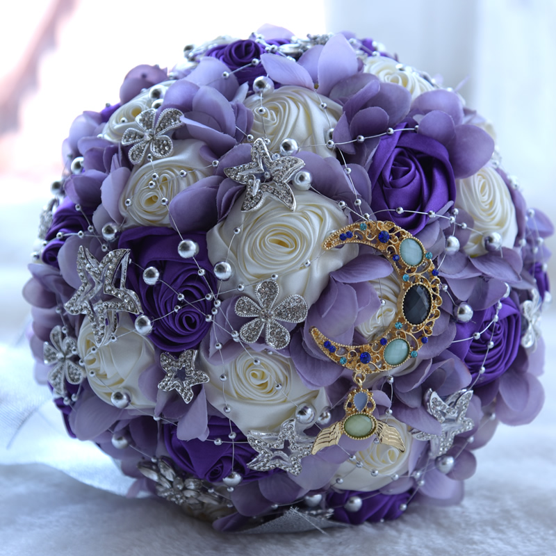Kyunovia charmant Mond Sterne Brosche Strauß Satinband Braut Hochzeitsstrauß Brautstrauß Perlen Burgund Rosen Hochzeit Strauß FE43